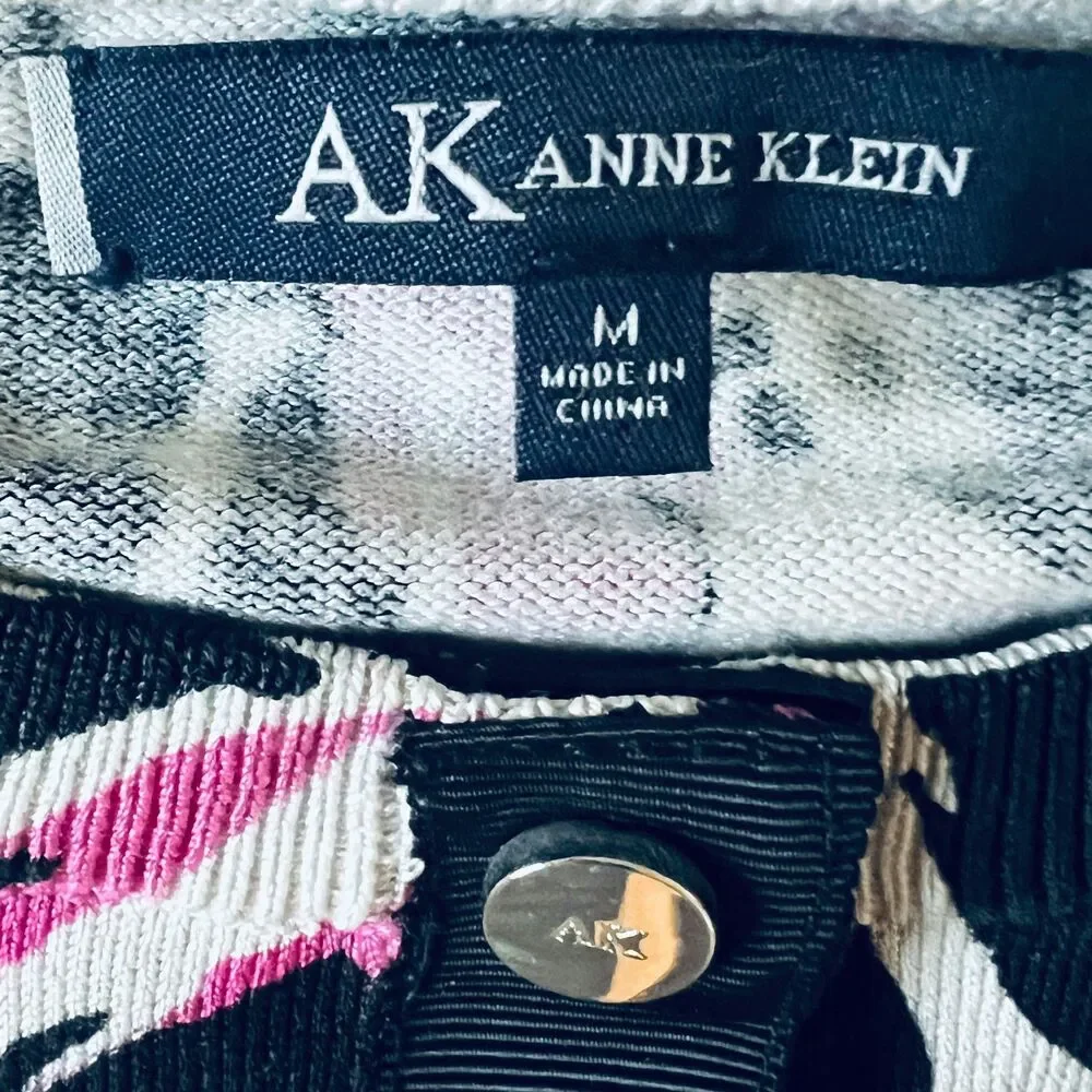 AK ANNE KLEIN Womens Cardigan Sweater M Silk blend Long Sleeve Floral Black Pink